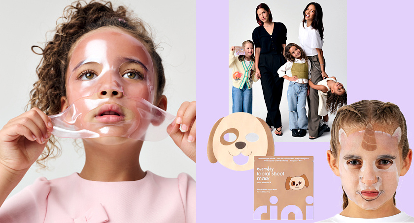 Rini skincare for kids, launched with sheet masks. The founders, actress Shay Mitchell and Esther Song, are shown with their kids.